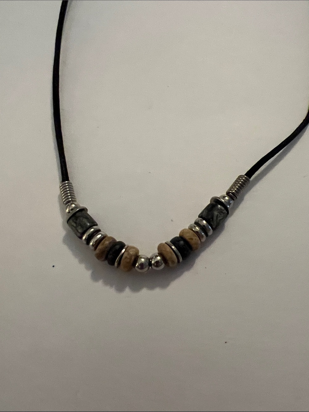 Handcrafted Black Cord Necklace with Silver and Brown Beads